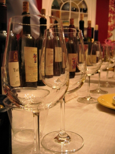 Wine glasses and bottles.